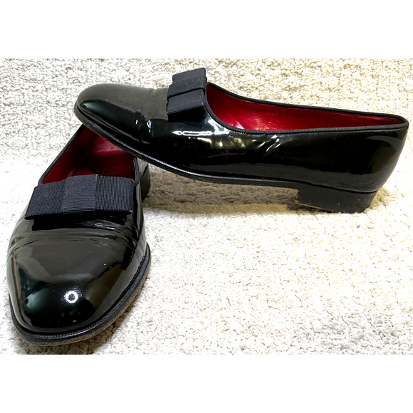 Gucci Patent Leather Opera Tuxedo Loafers Shoes Mens 11D Crossgrain Ribbon Bow